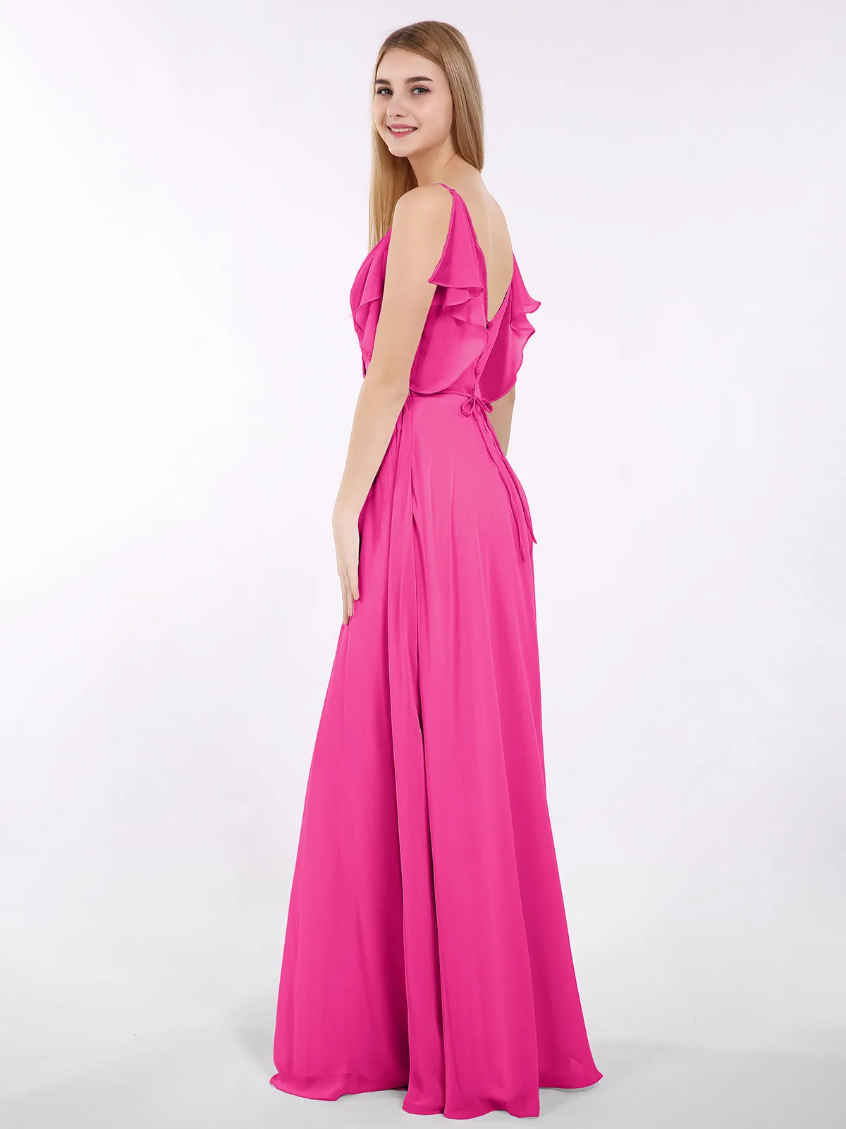 Bretelle Spaghetti Mousseline Robe avec Col en V Fuchsia