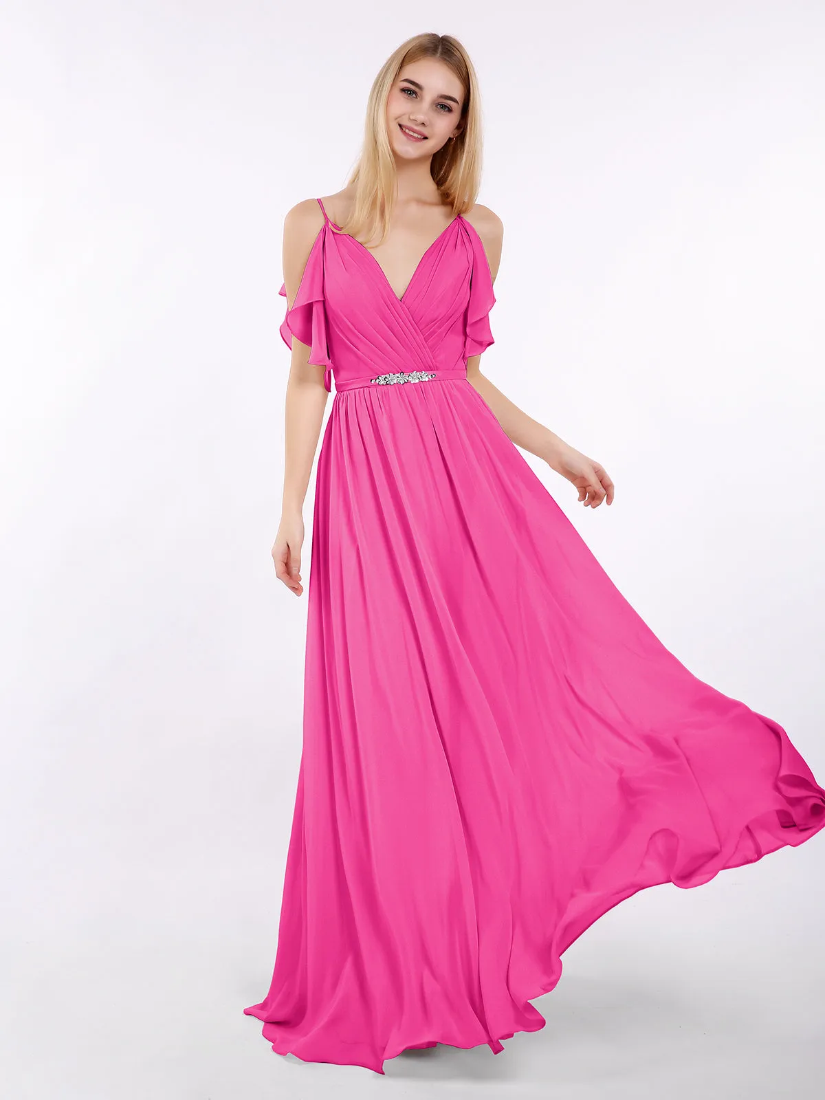 Bretelle Spaghetti Mousseline Robe avec Col en V Fuchsia