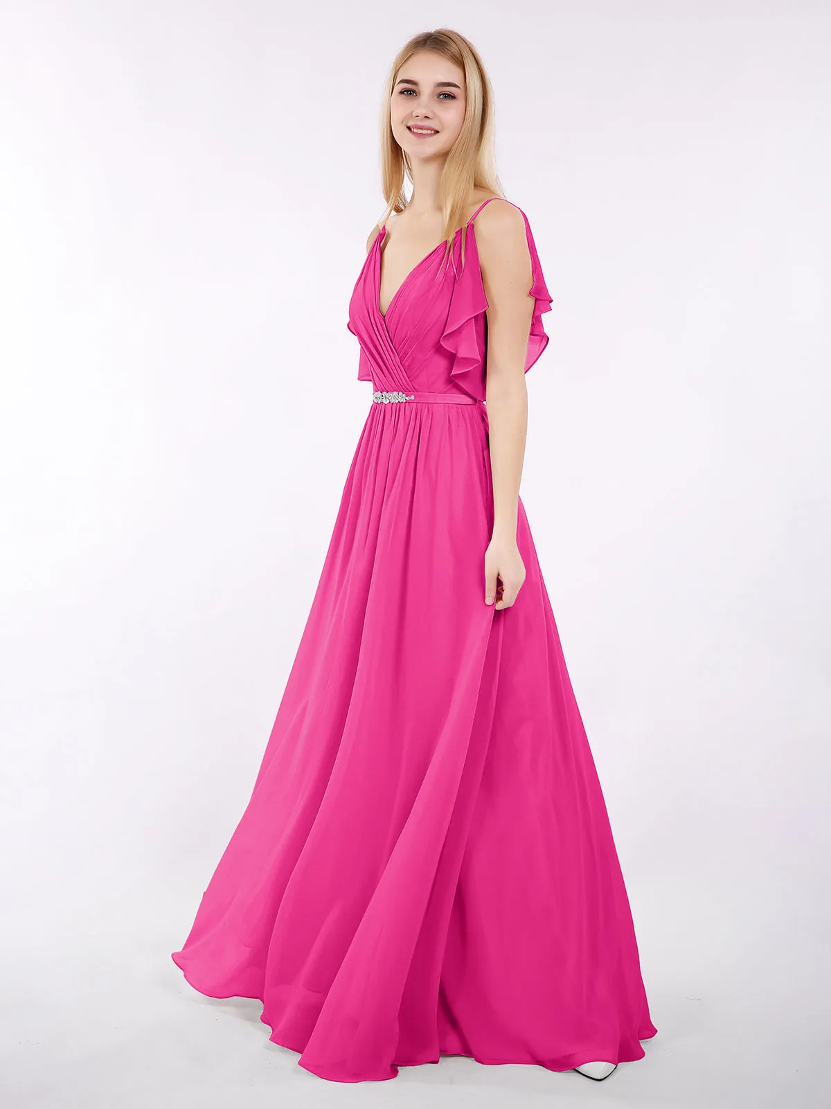 Bretelle Spaghetti Mousseline Robe avec Col en V Fuchsia