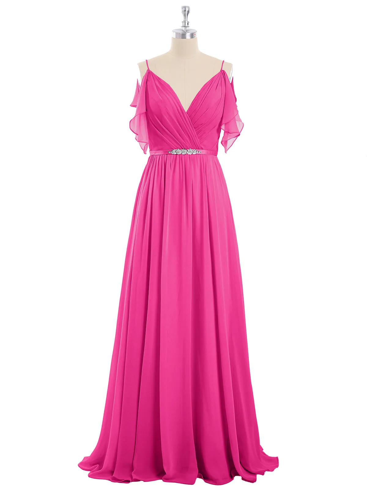 Bretelle Spaghetti Mousseline Robe avec Col en V Fuchsia