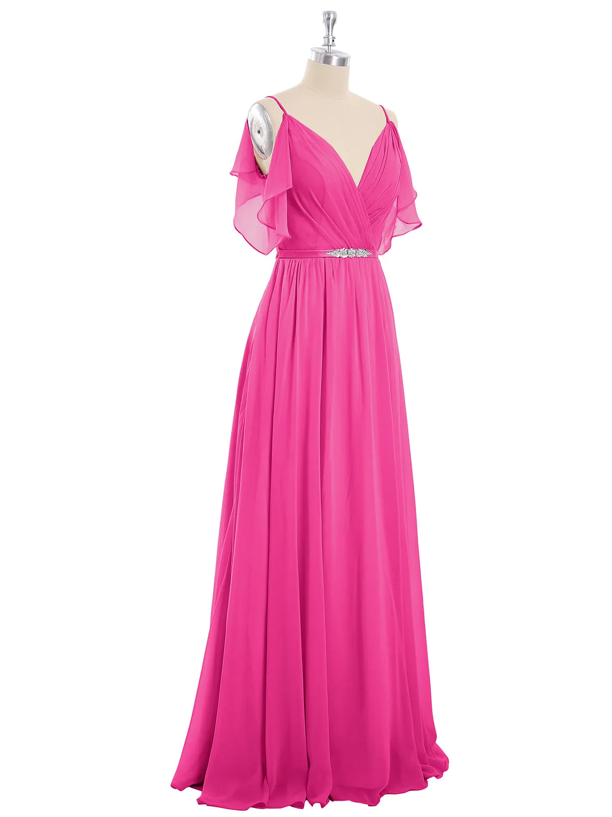 Bretelle Spaghetti Mousseline Robe avec Col en V Fuchsia