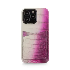 Clearance Sale - Leather iPhone HIMALAYA double card case - iPhone 13 Pro - Fuchsia Himalaya crocodile