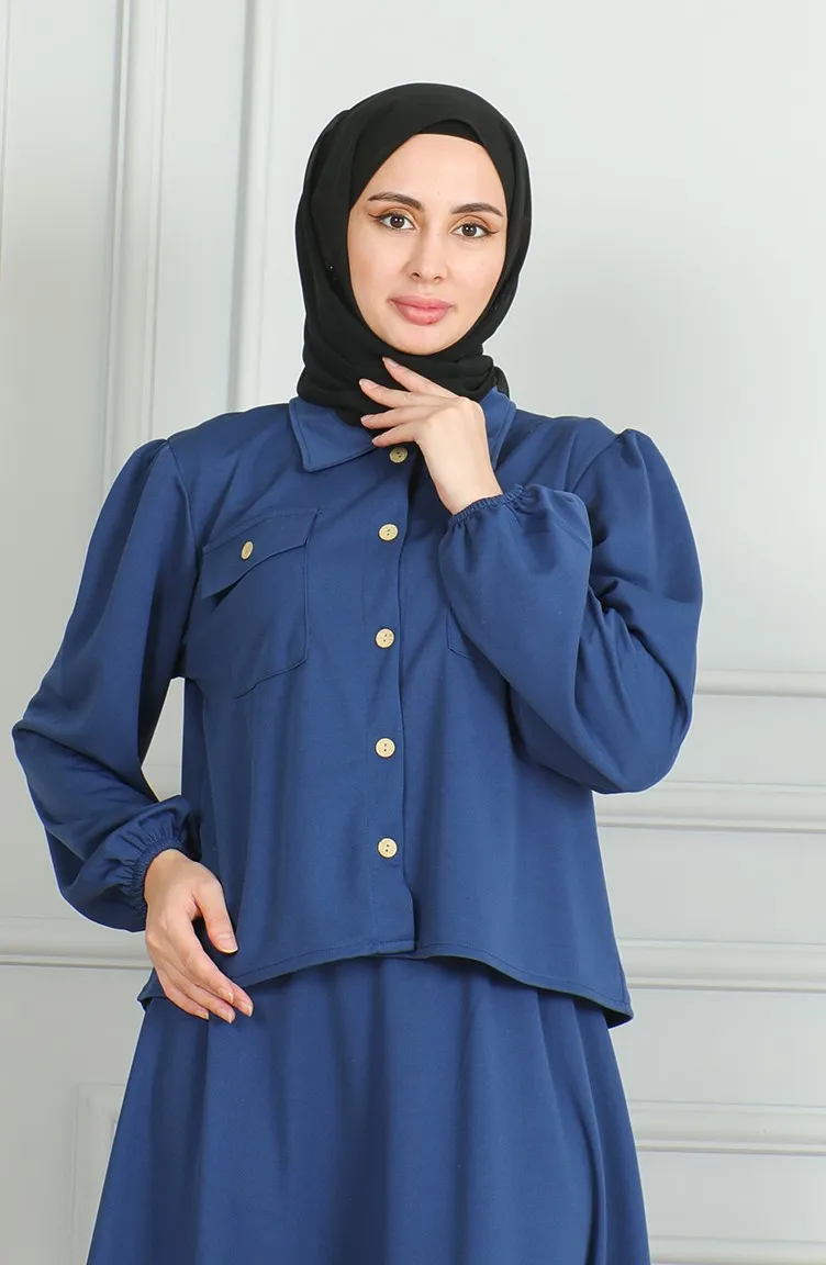 Ensemble Deux Pièces Chemise Boutonnée Avec Poche Et Jupe 3032-03 Indigo 3032-03