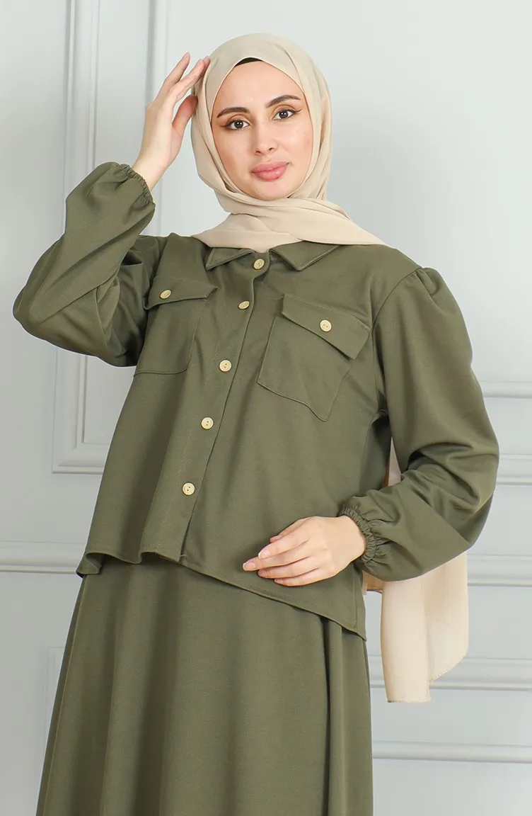 Ensemble Deux Pièces Chemise Boutonnée Avec Poche Et Jupe 3032-05 Khaki 3032-05