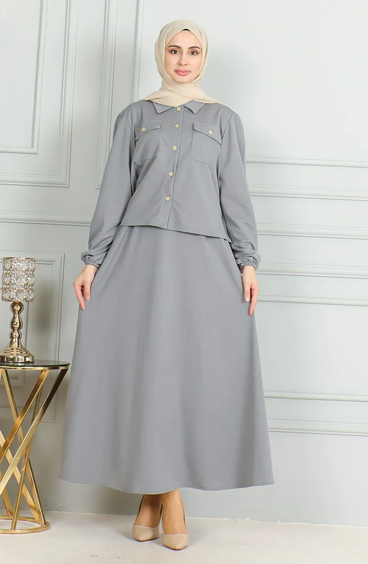 Ensemble Deux Pièces Chemise Boutonnée Et Jupe 3032-06 Gris 3032-06