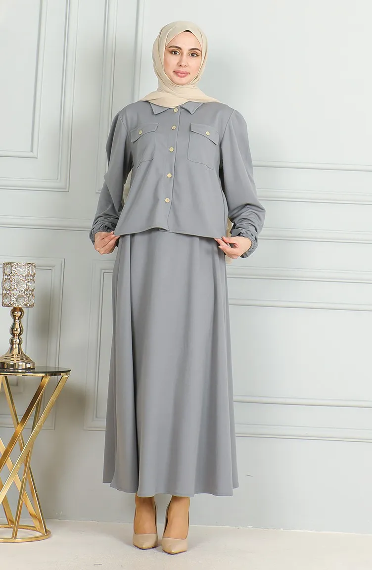 Ensemble Deux Pièces Chemise Boutonnée Et Jupe 3032-06 Gris 3032-06