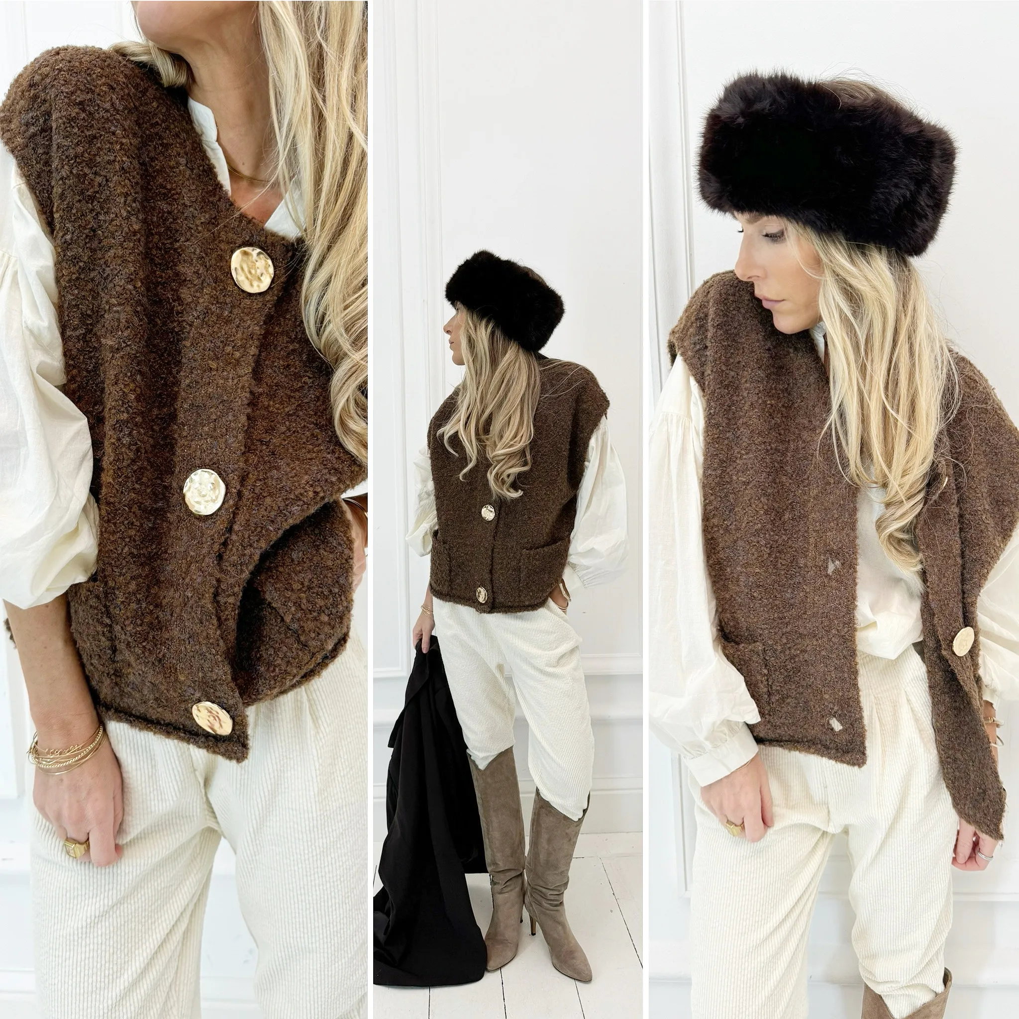 Gilet marron sans manches boutons dorés