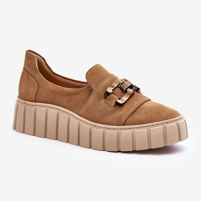 Lewski Shoes Chaussures Femme En Daim Sur Plateforme Avec Décoration, Beige Foncé Lewski 3398