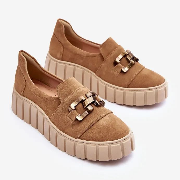 Lewski Shoes Chaussures Femme En Daim Sur Plateforme Avec Décoration, Beige Foncé Lewski 3398