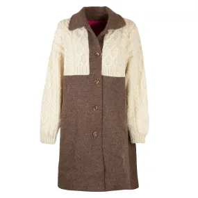 Manteau Laine marron Empiècement Gilet Laine Ecru Torsadé upcyclé