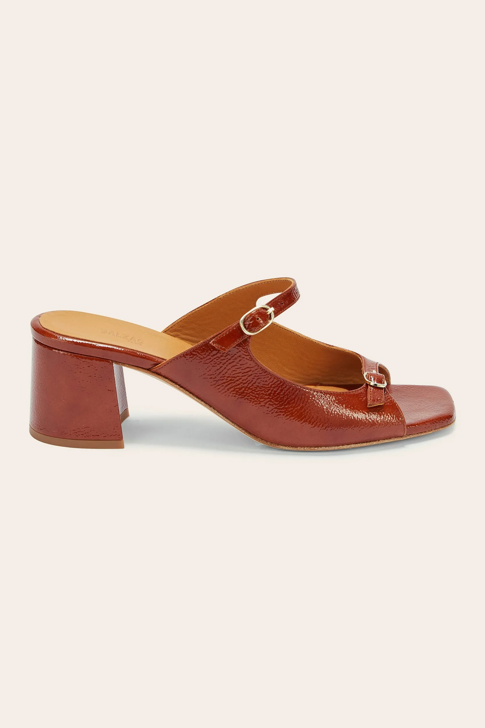 Mules Joane vernis froissé cognac