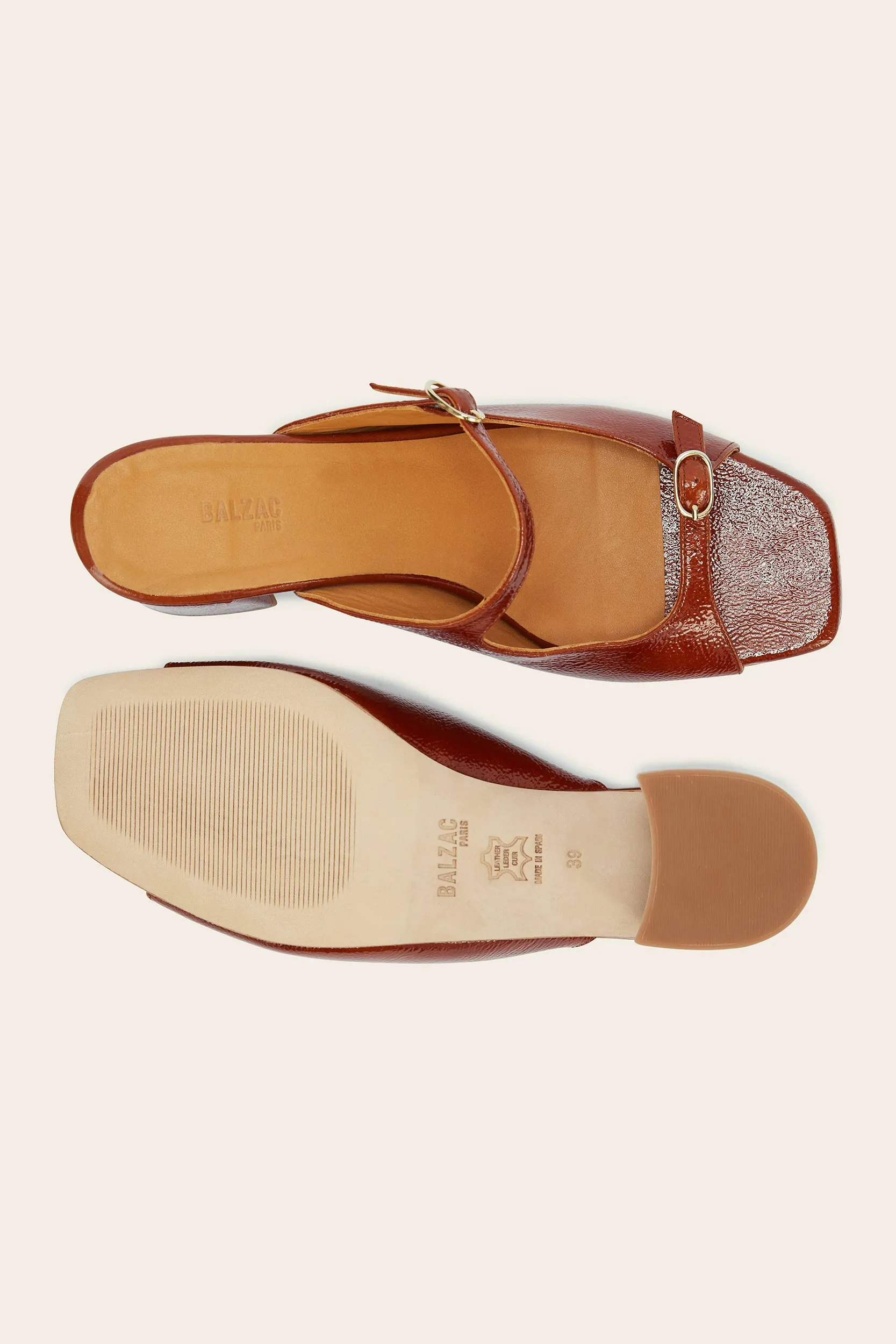 Mules Joane vernis froissé cognac