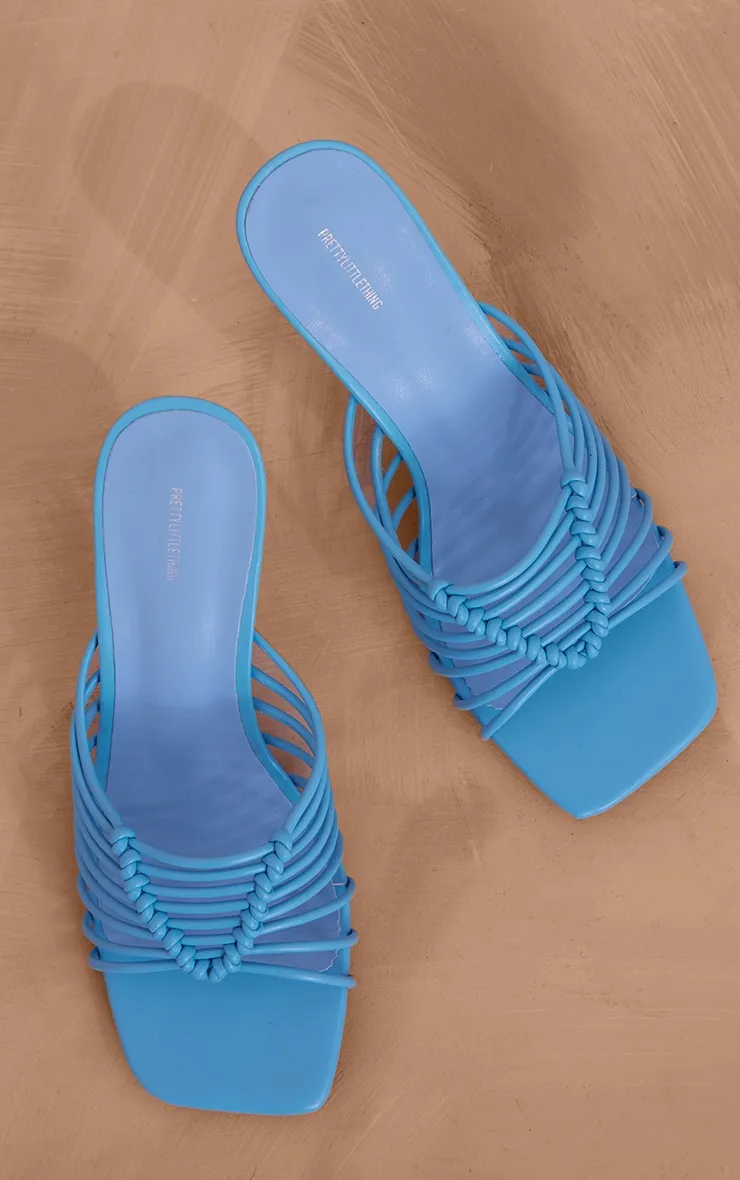 Mules à talon en PU bleu à bout carré et brides noués