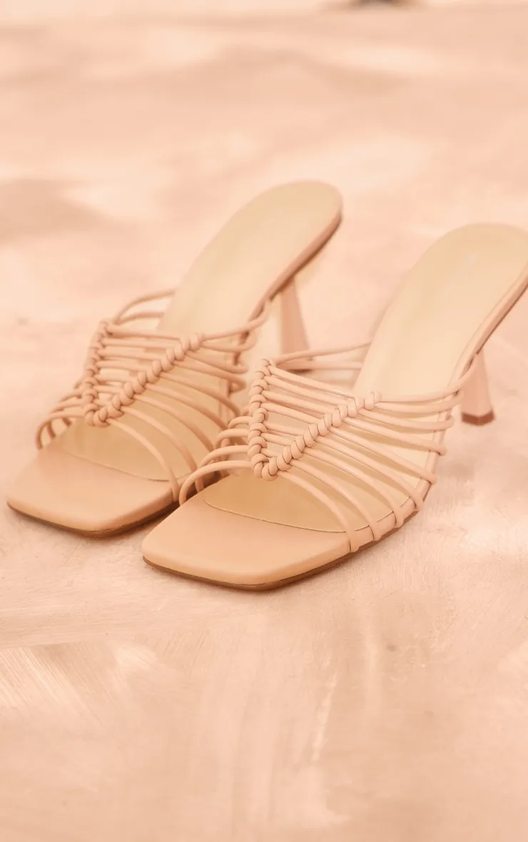 Mules à talon en PU nude à bout carré et brides noués