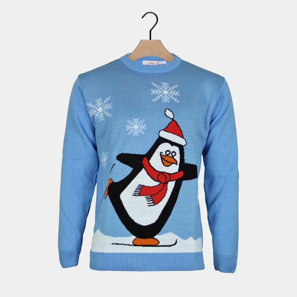 Pull de Nol pour Famille Bleu Ciel avec Pingouin