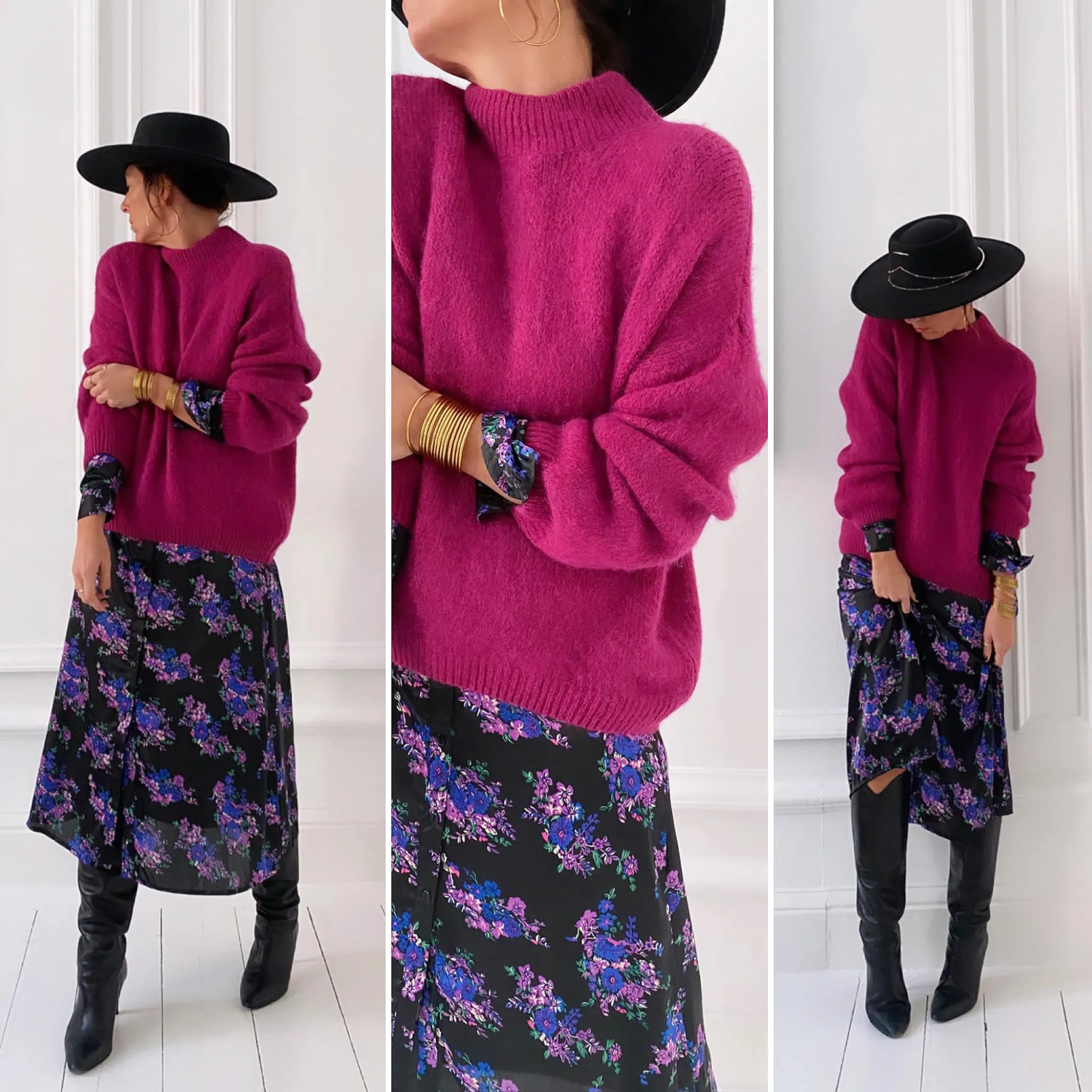 Pull fuchsia maille col cheminée