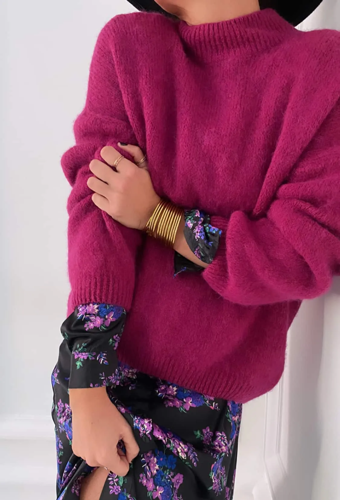 Pull fuchsia maille col cheminée