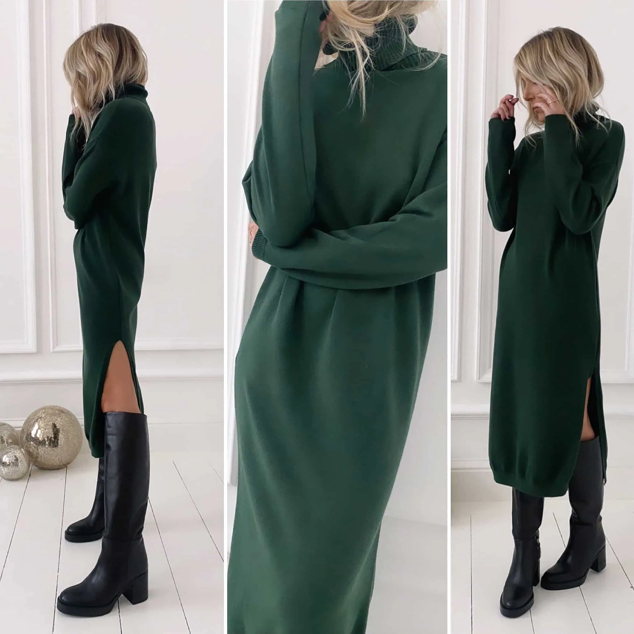 Robe pull vert bouteille col roulé