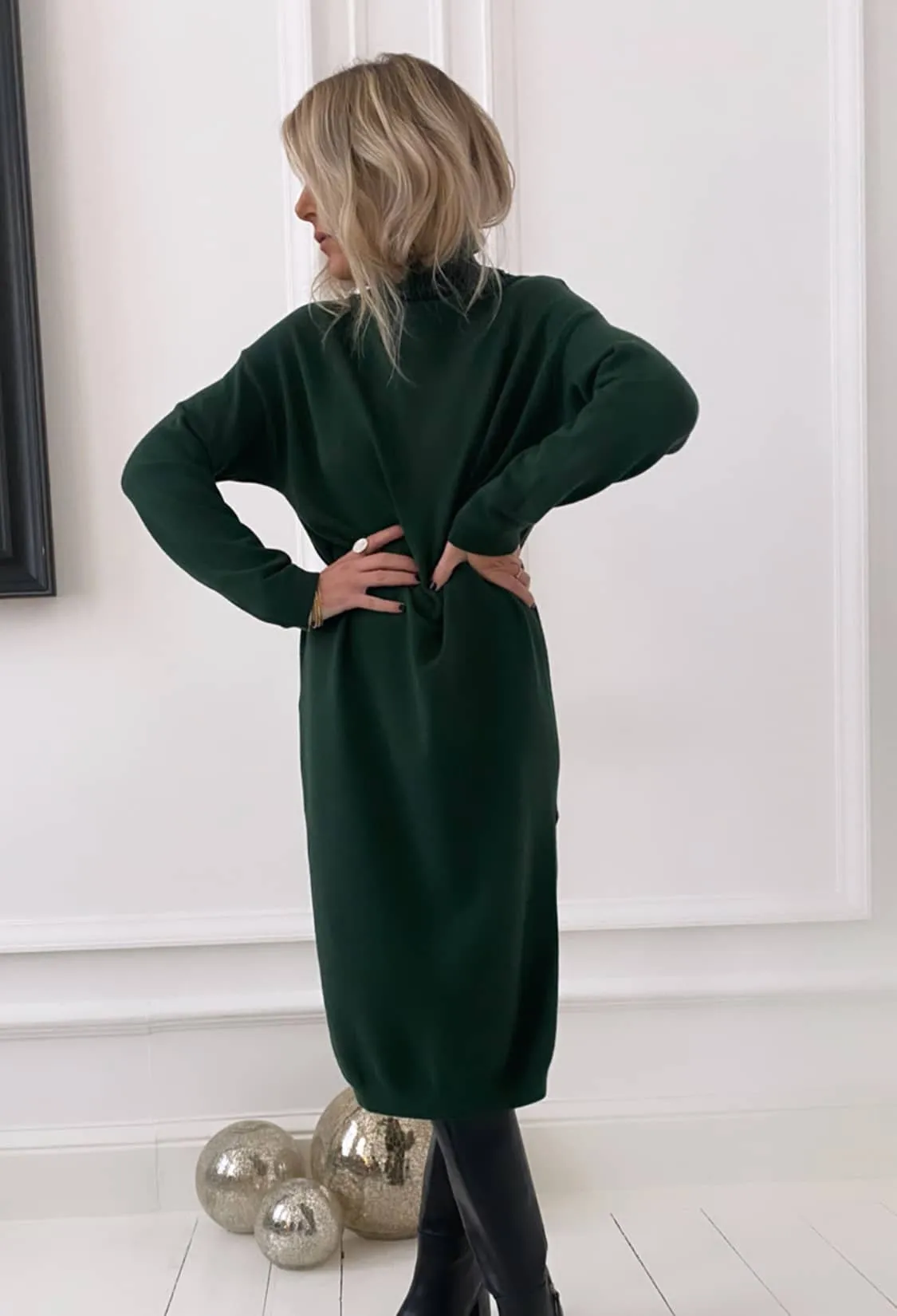 Robe pull vert bouteille col roulé