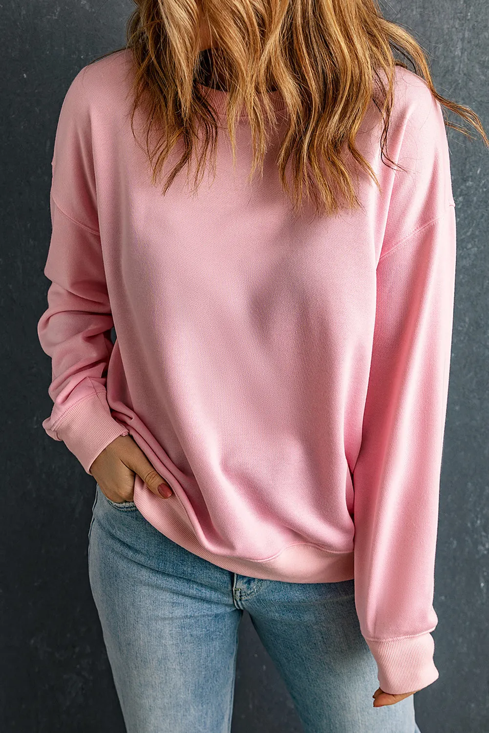 Sweat-shirt rose uni classique à col rond