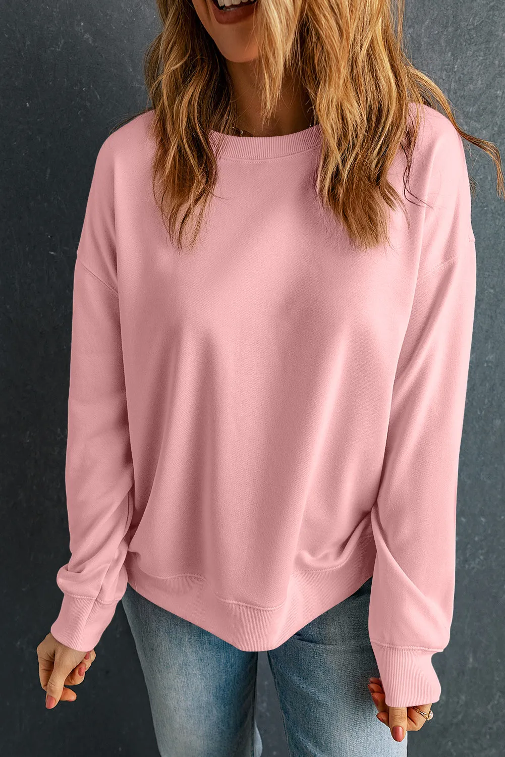 Sweat-shirt rose uni classique à col rond