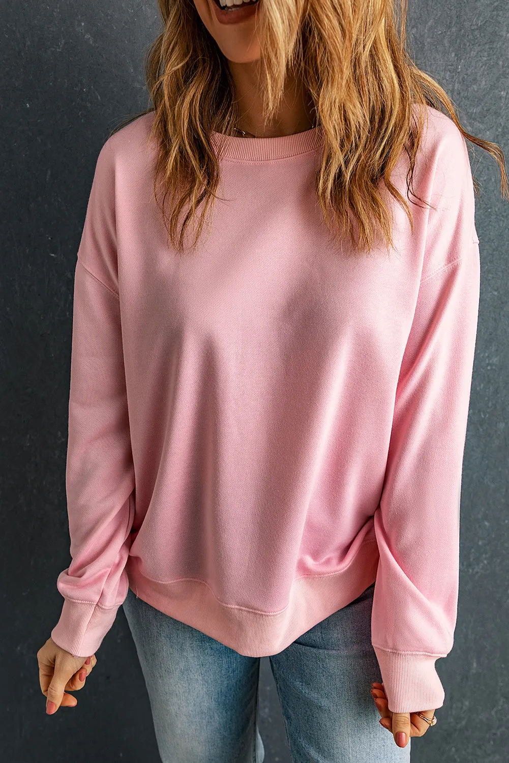 Sweat-shirt rose uni classique à col rond