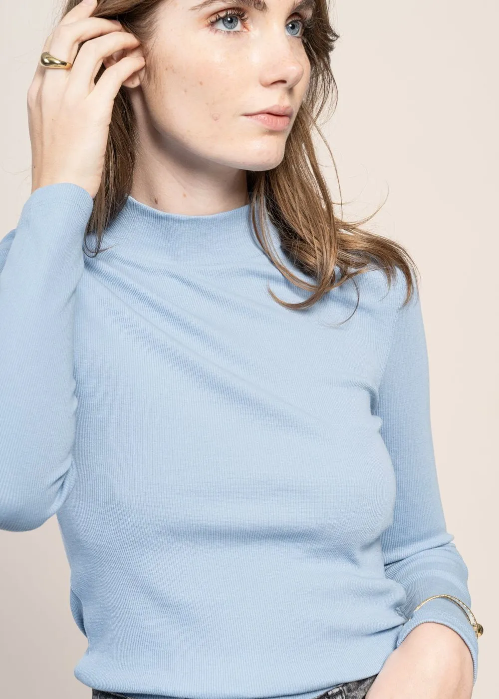 T-shirt manches longues en coton bio | bleu clair "rib high neck long sleeved glacier lake" 1463 glacier lake femme