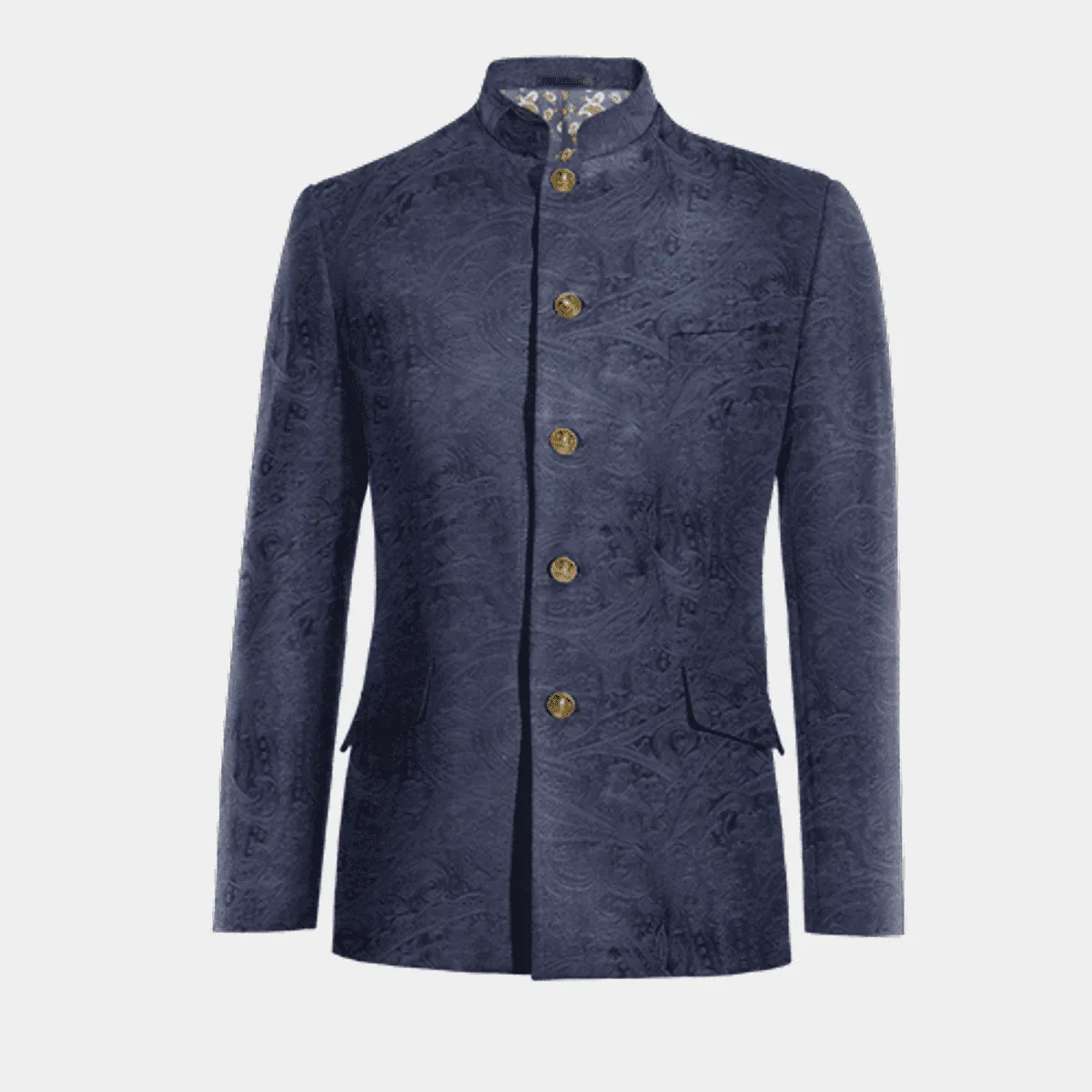 Veste col mandarin bleu marine paisley en velours