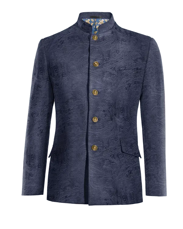 Veste col mandarin bleu marine paisley en velours