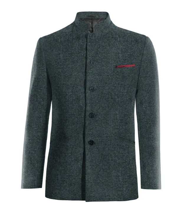 Veste col mandarin bleue en donegal tweed