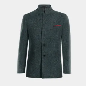 Veste col mandarin bleue en donegal tweed