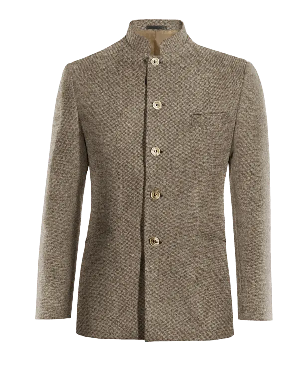 Veste col mandarin brun clair en donegal tweed