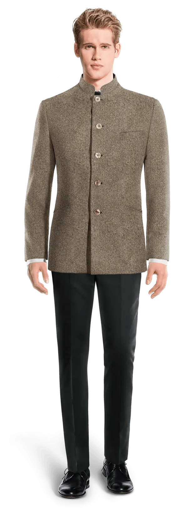 Veste col mandarin brun clair en donegal tweed