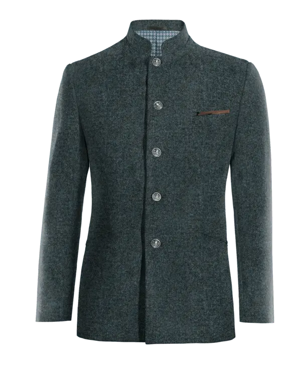 Veste col mao bleue en donegal tweed