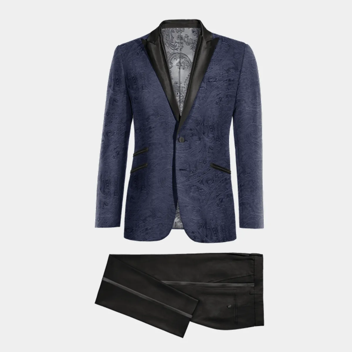 Veste de smoking bleu marine en velours avec motif paisley et revers noir et pantalon noir