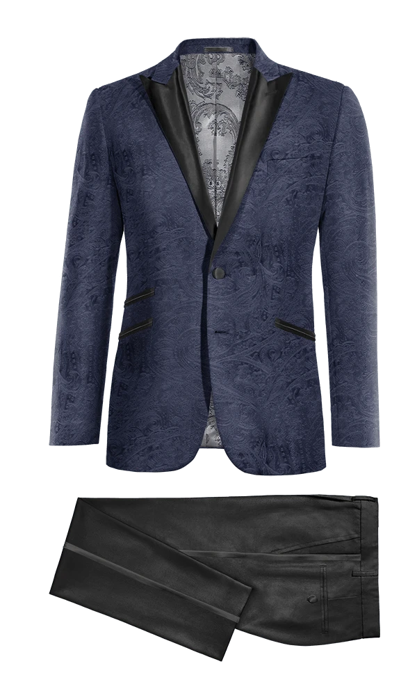 Veste de smoking bleu marine en velours avec motif paisley et revers noir et pantalon noir