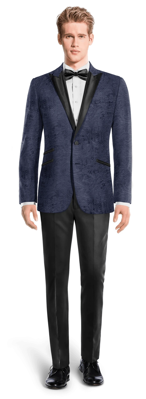 Veste de smoking bleu marine en velours avec motif paisley et revers noir et pantalon noir