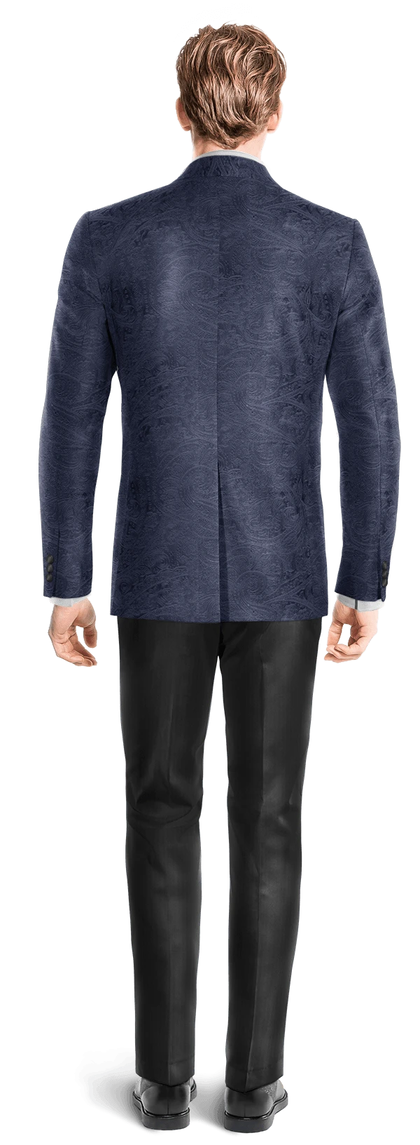 Veste de smoking bleu marine en velours avec motif paisley et revers noir et pantalon noir