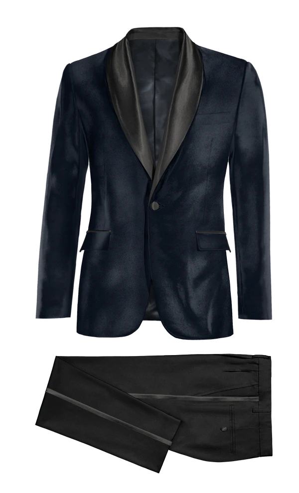 Veste de smoking bleu marine en velours avec revers noir et pantalon noir